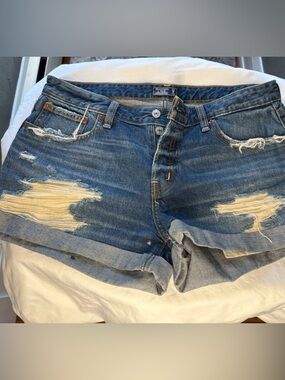 Abercrombie & Fitch Blue Distressed Rolled-Hem Denim Shorts